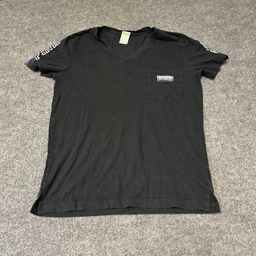 PINK T-Shirt Womens Size M Black V-Neck Pocket Logo Tape Short Sleeve Casual